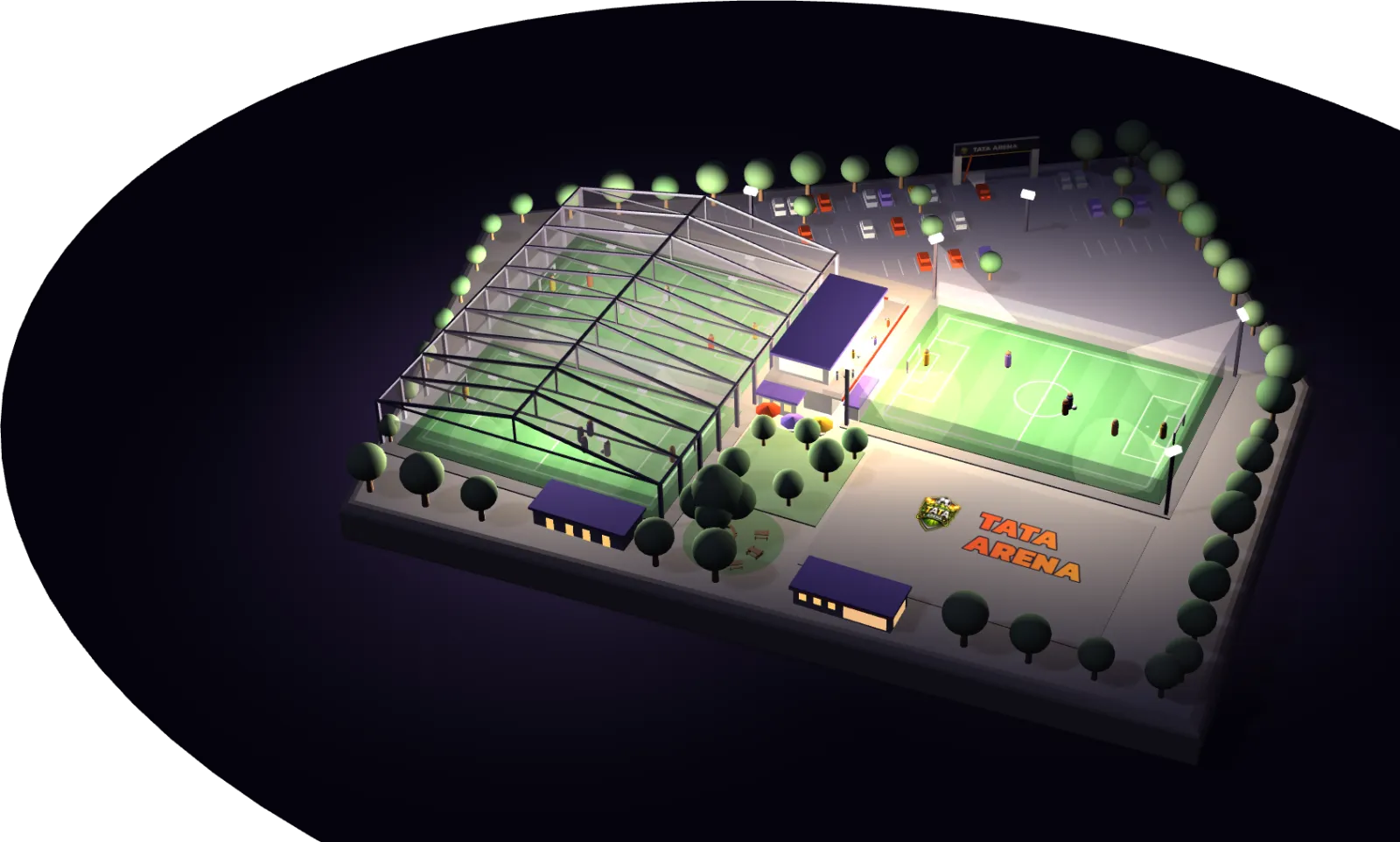 สนามฟุตบอลหญ้าเทียม เชียงราย TATA ARENA ช่วงเปิดไฟ LED ตอนกลางคืน ทั้งสนามในร่มและสนามกลางแจ้ง